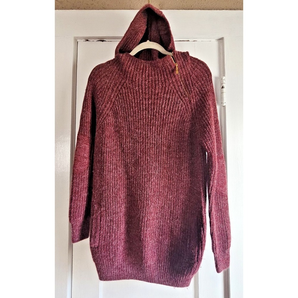 POL red womens S tall neck knit sweater long line hoodie pockets long sleeves